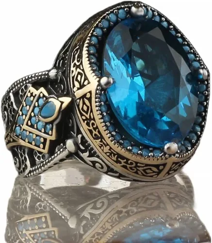 925 Sterling Silver Aquamarine Stone Men Silver Ring, Handmade Blue Aquamarine Stone Men's Silver Ring, Vintage Men Ring, Turkish Ottoman Men Ring,