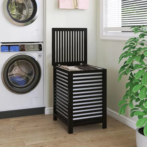 Vista 2 de SMIBUY cesta de lavandería doble con tapa, canasta de lavandería de bambú de 120L con bolsa interior extraíble, clasificador de ropa de 2 secciones