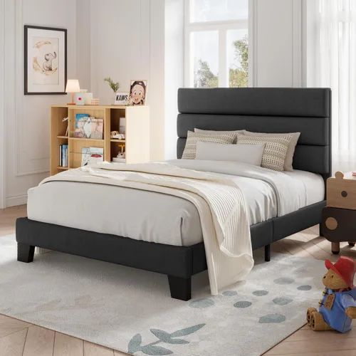 Vista 3 de Allewie Base de cama de plataforma de tamaño individual con cabecera tapizada de tela y soporte de listones de madera, base de colchón totalmente