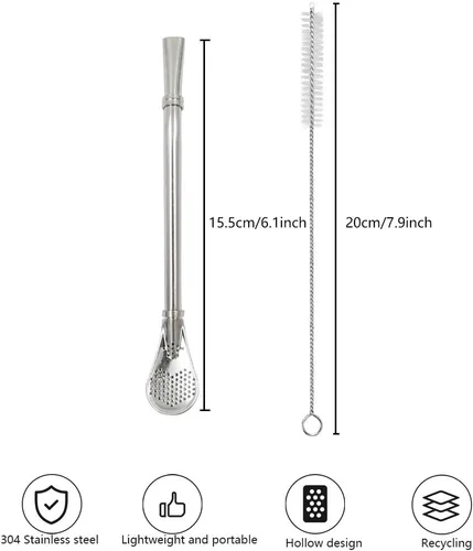 Vista 2 de N A Pajitas con cuchara de filtro, paquete de 2 pajitas de té, Mate Bombilla, barra agitadora de café para té helado, cóctel, con 2 cepillos