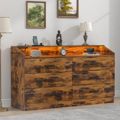 Vista 15 de Cómoda de 6 cajones con toma de corriente, cómoda con luz LED, cómoda moderna con cubículo de almacenamiento abierto, organizador de cómodas dobles