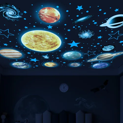 Vista 11 de Calcomanías de pared del sistema solar de acuarela, estrellas que brillan en la oscuridad, pegatinas de planetas para niños para el techo