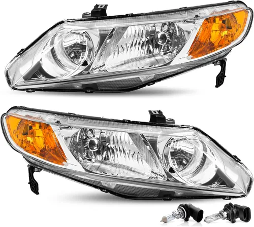 JSBOYAT Par de faros delanteros de repuesto para Honda Civic Sedan 2006-2011 de 4 puertas con bombillas y carcasa cromada, reflector ámbar (lado del