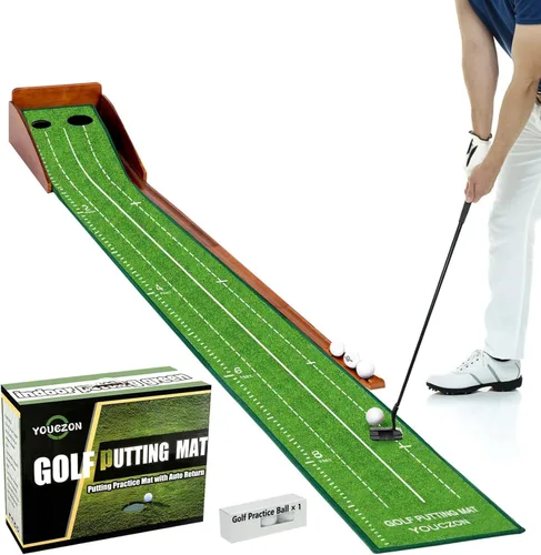 YOUCZON Putting Green en interiores, tapete de golf con retorno automático de bola, superficie de terciopelo de cristal de alta calidad, tapete de