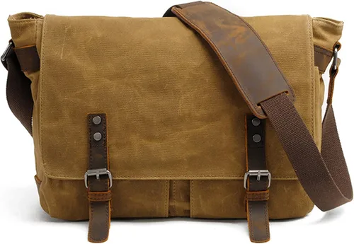 Vista 9 de HuaChen Mens Messenger Bag, Vintage Genuine Leather Waxed Canvas Shoulder Bag for 14" Laptop,Rugged Briefcase Satchel