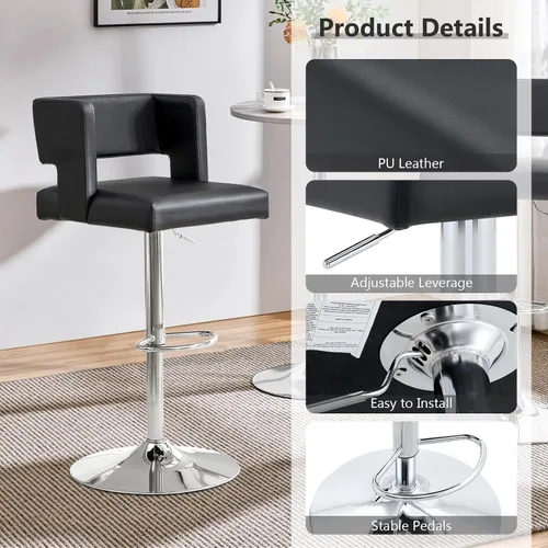 Vista 22 de Juego de 2 taburetes de bar de altura de asiento ajustable de 26-35 pulgadas, taburete giratorio de altura de mostrador con cojín de cuero, sillas