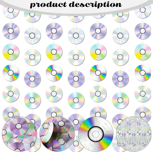 Vista 2 de 8 guirnaldas de CD de los años 90, decoraciones para fiestas de cumpleaños iridiscentes con temática de disco de CD para colgar, decoración retro