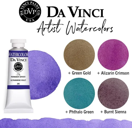 Vista 301 de DA VINCI PAINTS Pintura Acuarela Profesional para Artistas, Alizarin Crimson (Quinacridone), 37ml Índigo