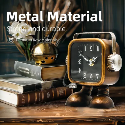 Vista 6 de YOUKI Reloj de mesa estilo steampunk retro en forma de robot, relojes de escritorio y estante de estilo industrial, relojes decorativos que