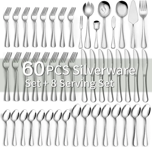 Juego de 68 piezas de cubiertos con juego de utensilios para servir, juego de cubiertos de acero inoxidable CEKEE para 12, juego de cubertería