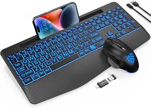 Vista 9 de Teclado y Mouse Inalámbricos con Retroiluminación, Reposamuñecas, Mouse LED, Teclado Ergonómico Recargable con Soporte para Teléfono, Combo