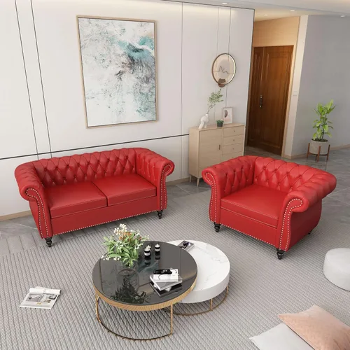 Vista 40 de Juego de 2 piezas para sala de estar, sofá loveseat Chesterfield de terciopelo con silla, brazos enrollados y tachuelas para sala de estar, oficina