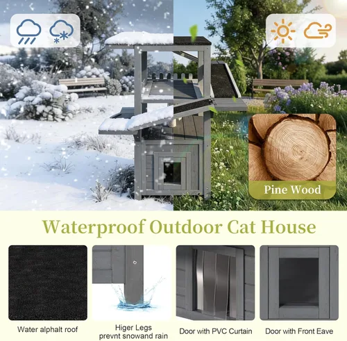 Vista 2 de 4-Tier Weatherproof Outdoor Cat House Tower - Waterproof Roof, 2 Doors, Multi-Level Play Zones with Balcony, Solid Pine Scratching Posts, Safe &