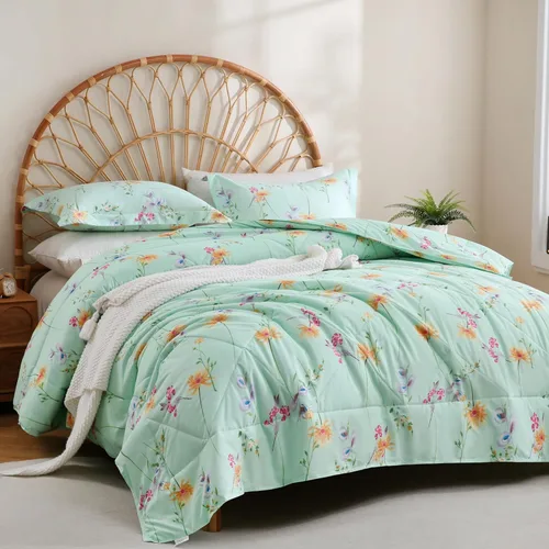 JSD - Juego de edredón con flores verdes tamaño King de 3 piezas, edredón de microfibra botánica con relleno alternativo y fundas para almohadas,