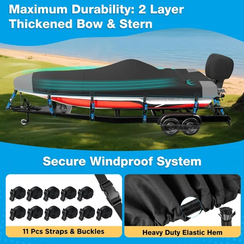 Vista 3 de Funda para Barco de 16-18 pies, Funda para Barco Bass 1200D, Fundas para Barco Resistentes e Impermeables con Funda para Motor y Kits de Drenaje