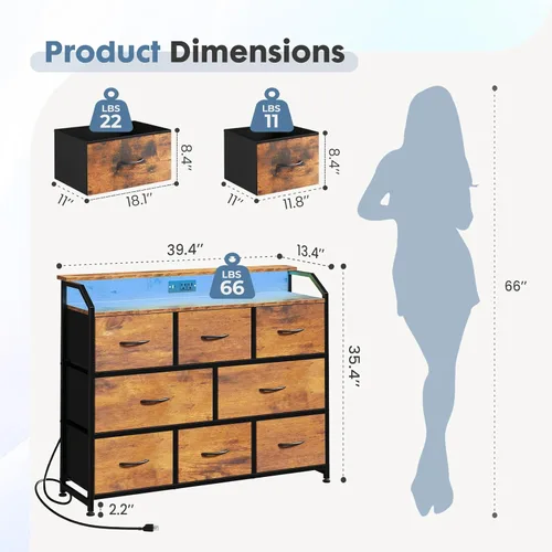 Vista 3 de DUMOS Mueble de TV con 8 cajones de tela, cómoda de 8 cajones con control de aplicación luces LED y estación de carga tipo C, torre de Marrón