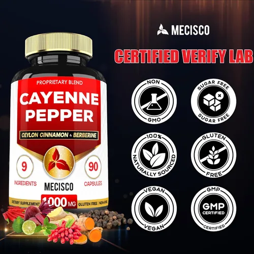 Vista 6 de Mecisco Suplementos de pimienta de cayena con raíz de curcumina de cúrcuma, berberina HCl, corteza de canela de Ceilán y más - 90 cápsulas - Apoya