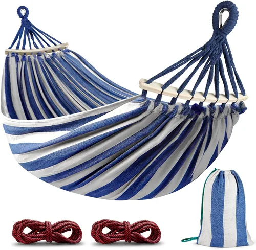 Vista 9 de MOSFiATA Hamaca de campamento de 550 libras mejorada de tela de lona duradera de 11.29 oz, hamacas individuales con dos vigas de equilibrio que