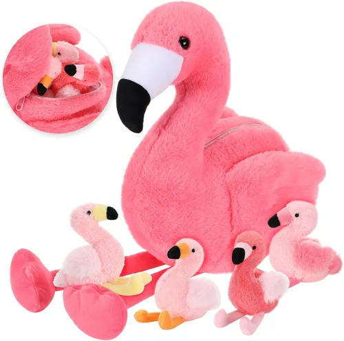 Skylety 18 Inches Flamingo Stuffed Animal with 4 Babies Plush Toys Inside Zippered Tummy Pink Mommy Flamingo Toy Stuffed Animals for Birthday Party