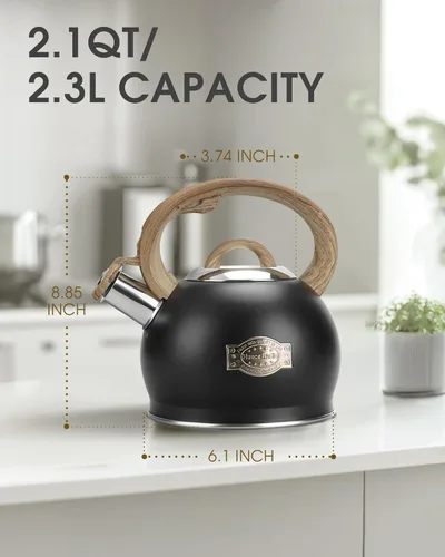 Vista 6 de Hauce Radio - Hervidor de Té para Estufa, Negro - Hervidores de Té de 2.1 Quart con Silbato Fuerte para Estufa, Acero Inoxidable de Grado