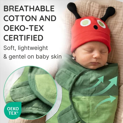 Vista 4 de Cuddle Club Pañales de algodón para recién nacidos, 0-3 y 3-6 meses Manta ajustable con sombrero, esenciales para bebé, burrito de tortilla