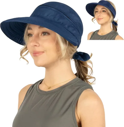 Vista 10 de SUN CUBE Sombrero de sol para mujer para protección UV al aire libre, sombrero de sol de ala ancha, cola de caballo, sombrero de playa convertible