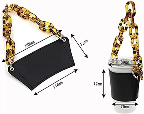 Vista 7 de Soporte de cuero de lujo para bebidas con mango de bebidas, soporte reutilizable para tazas de café de viaje, soporte de taza de cadena de metal