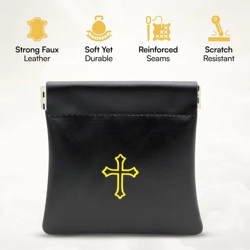 Vista 3 de Bolsa de rosario con tapa apretable, piel sintética negra con impresión cruzada