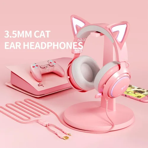 Vista 7 de SOMIC GS510 - Auriculares para juegos con orejas de gato, auriculares para PC con cancelación de ruido de micrófono retráctil, sonido estéreo