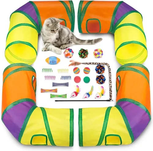 Retro Shaw 25 juguetes para gatos, túneles extra grandes con juguetes para gatos, juguetes interactivos ideales para gatitos, tienda de campaña de