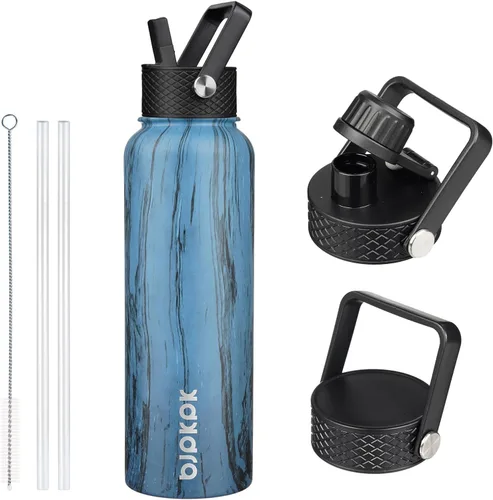 Vista 10 de BJPKPK - Botellas de agua aisladas con tapa de popote, botella de agua de acero inoxidable de 27 onzas con 3 tapas, termo de metal libre de BPA a