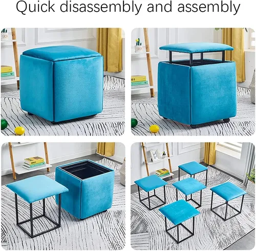 Vista 5 de WAYUTO Cubo de asiento 5 en 1 con ruedas giratorias, apilable para sofá, silla, taburete otomano anidable, reposapiés movible, silla de tocador