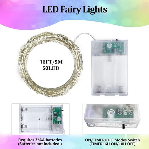 Vista 137 de Paquete de 2 guirnaldas de luces LED, funcionan con pilas, 5 m, 50 luces intermitentes, temporizador, impermeables, para habitaciones, bodas