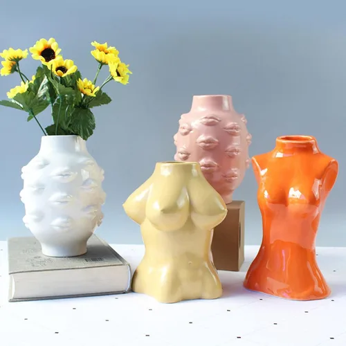 Vista 5 de Ceramic Flower Vase, Ornament Vase Lip Flower Vase for Bookcase Home Living Room Decoration - White