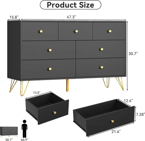 Vista 2 de Cómoda negra para dormitorio, cómoda de 7 cajones con cajones anchos y asas de metal dorado, cómoda de madera moderna para sala de estar, pasillo