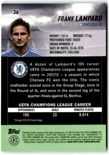 Vista 2 de Topps Stadium Club Chrome UEFA Champions League #36 Frank Lampard Chelsea 2021