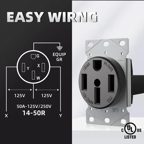 Vista 3 de NEMA 14-50R y 14-50P 50 amperios, 125 ~ 250 voltios, 3 polos de 4 cables, enchufe de ángulo macho de 4 clavijas y salida de rango montaje empotrado