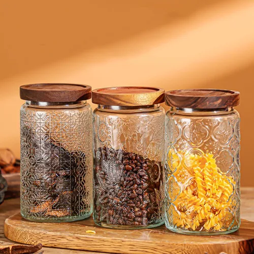 Vista 6 de ANSQU Tarro de Almacenamiento de Vidrio Vintage, Recipiente de Tarro de Almacenamiento de Vidrio con Tapa de Madera Hermética para Encimera
