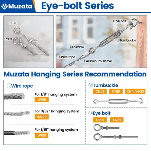 Vista 5 de Muzata Paquete de 5 pernos de ojo de 1/4" x 2" Pernos de ojo de acero inoxidable T316 con tuercas y arandelas roscados Anillo de elevación de hombro