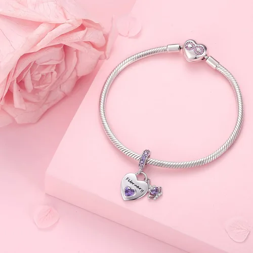 Vista 3 de Dijes de piedra natal para pulsera plata de ley 925 colgantes de corazón para pulseras y collares, regalos de joyería de cumpleaños para el día