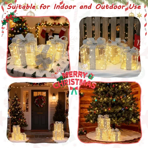 Vista 6 de Juego de 3 cajas de regalo iluminadas de Navidad, cajas de Navidad preiluminadas para exteriores con diferentes tamaños para decoración