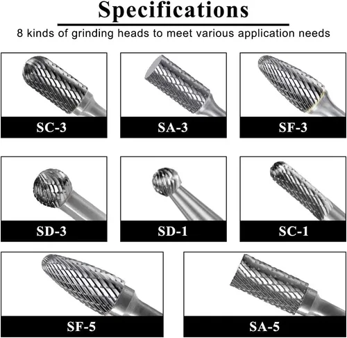 Vista 4 de Carbide Burr Set with 1/4''(6.35mm) Shank 8pcs Double Cut Solid Carbide Rotary Burr Set for Die Grinder Drill, Metal Wood Carving