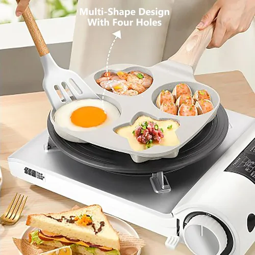 Vista 5 de 4 Cup Egg Frying Pan, Easy Breakfast Egg Pancake Burger Cooker, Aluminium Alloy Nonstick Frying Pot with Portable Wood Handle for Gas Stove &