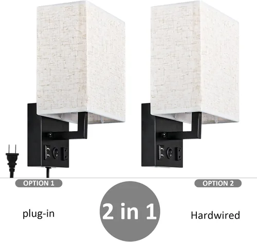 Vista 7 de CADUKE Juego de 2 lámparas de pared para mesita de noche, aplique de pared enchufable con puerto de carga USB y salida de CA, lámpara de pared