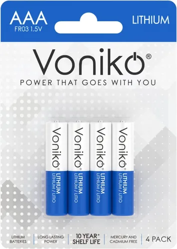 Voniko Baterías de litio AAA, paquete de 4 baterías AAA de litio de 1.5 V 1250 mAh, batería triple AAA de alto rendimiento de larga duración para