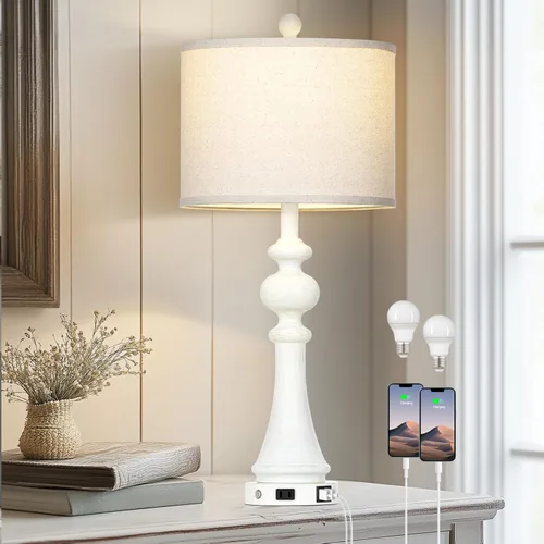 Lolikit 28" Farmhouse Table Lamp with USB A+C Fast Ports & AC Outlets, Vintage Rustic 3-Way Dimmable Touch Control Table Lamp, Rustic Traditional