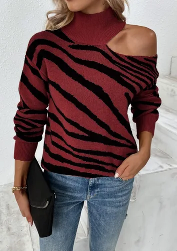 Vista 3 de ECOWISH Suéteres de manga larga para mujer con hombros descubiertos estampado de cebra a rayas bloque de color suéter de punto