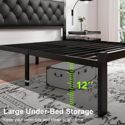 Vista 6 de Feonase Marco de cama de metal tamaño doble con cabecera capitoné de cuero sintético con botones, marco de cama tipo plataforma resistente