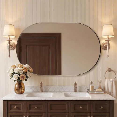 Vista 40 de ANDY STAR Espejo ovalado de 24x32 pulgadas, espejo ovalado negro de diseño en forma de píldora en marco de metal de acero inoxidable para baño