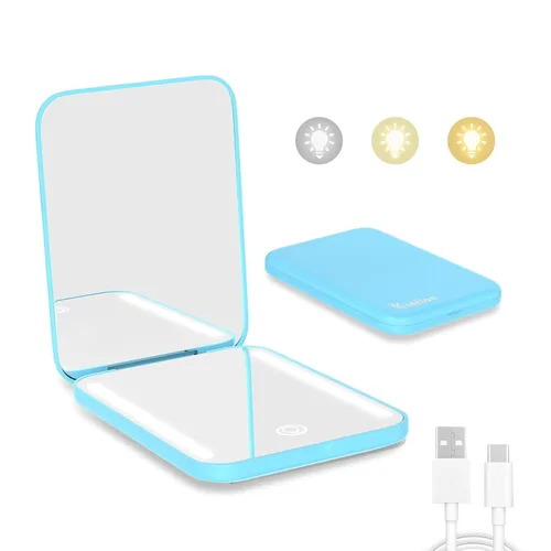 Vista 14 de Kintion Espejo de bolsillo recargable, espejo de tocador compacto de doble cara con aumento 1X/3X, 3 luces de color, regulable, pequeño espejo